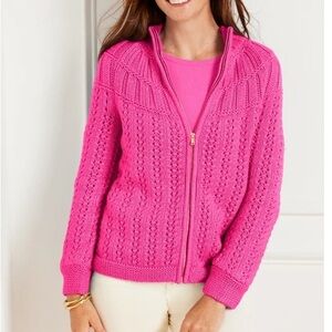 Talbots Hot Pink Zip-Front Cable Knit Cardigan